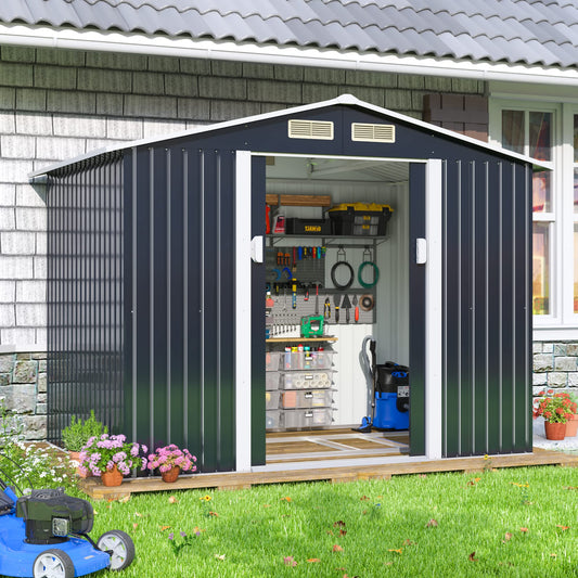 JAXPETY 6.3' x 9.1' Storage Outdoor Shed, Metal Storage Shed with Lockable/Sliding Doors, Steel Utility Tool Shed with Floor Frame for Garden Patio Backyard Lawn, Gray 6.3x9.1