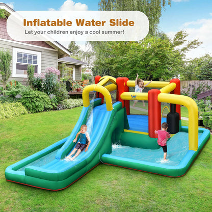 BOUNTECH Toboggan aquatique gonflable, maison rebondissante pour enfants avec piscine à éclaboussures, mur d'escalade, parc aquatique, toboggans aquatiques gonflables pour enfants et adultes, cadeaux de fête sans souffleur