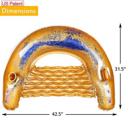 Triumpeek Chaise Flotteur de Piscine Gonflable, Flotteurs de Salon d'eau pour Adultes avec Porte-gobelet et Dossier, Fauteuil Tube Flottant avec Paillettes Scintillantes pour Piscine Summer Party Doré