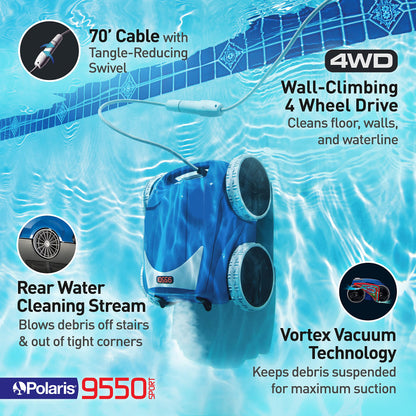 Robot nettoyeur de piscine Polaris 9550 Sport, aspirateur automatique pour piscines creusées jusqu'à 60 pieds, câble pivotant de 70 pieds, télécommande, aspirateur mural avec aspiration puissante et bac à débris facile d'accès