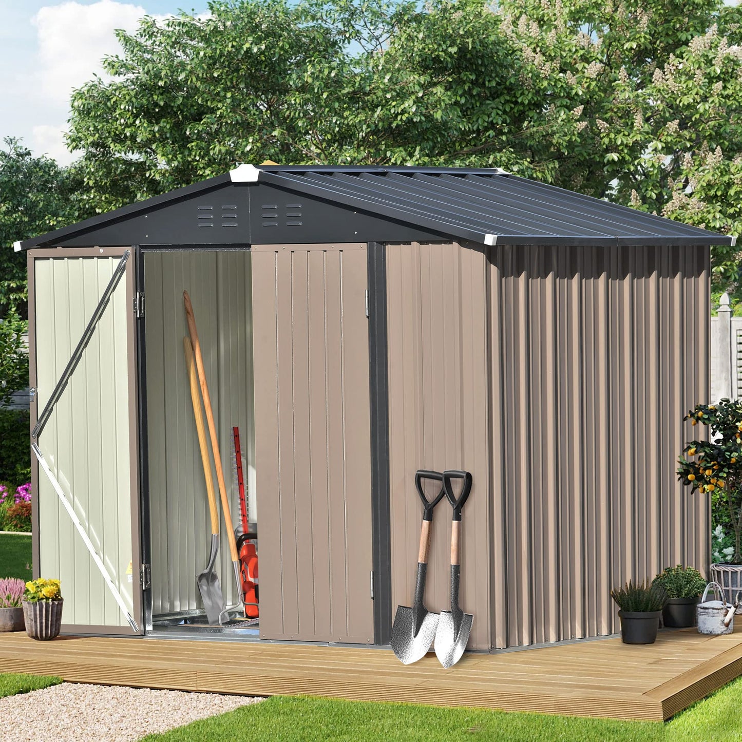 LZ LEISURE ZONE Patio 8'x6' Outdoor Storage Shed Kit,Bike Shed Garden Shed ,Metal Storage Shed with Lockable Doors, Tool Cabinet with Vents and Foundation Frame for Backyard, Lawn, Garden, Brown 8ftx6ft