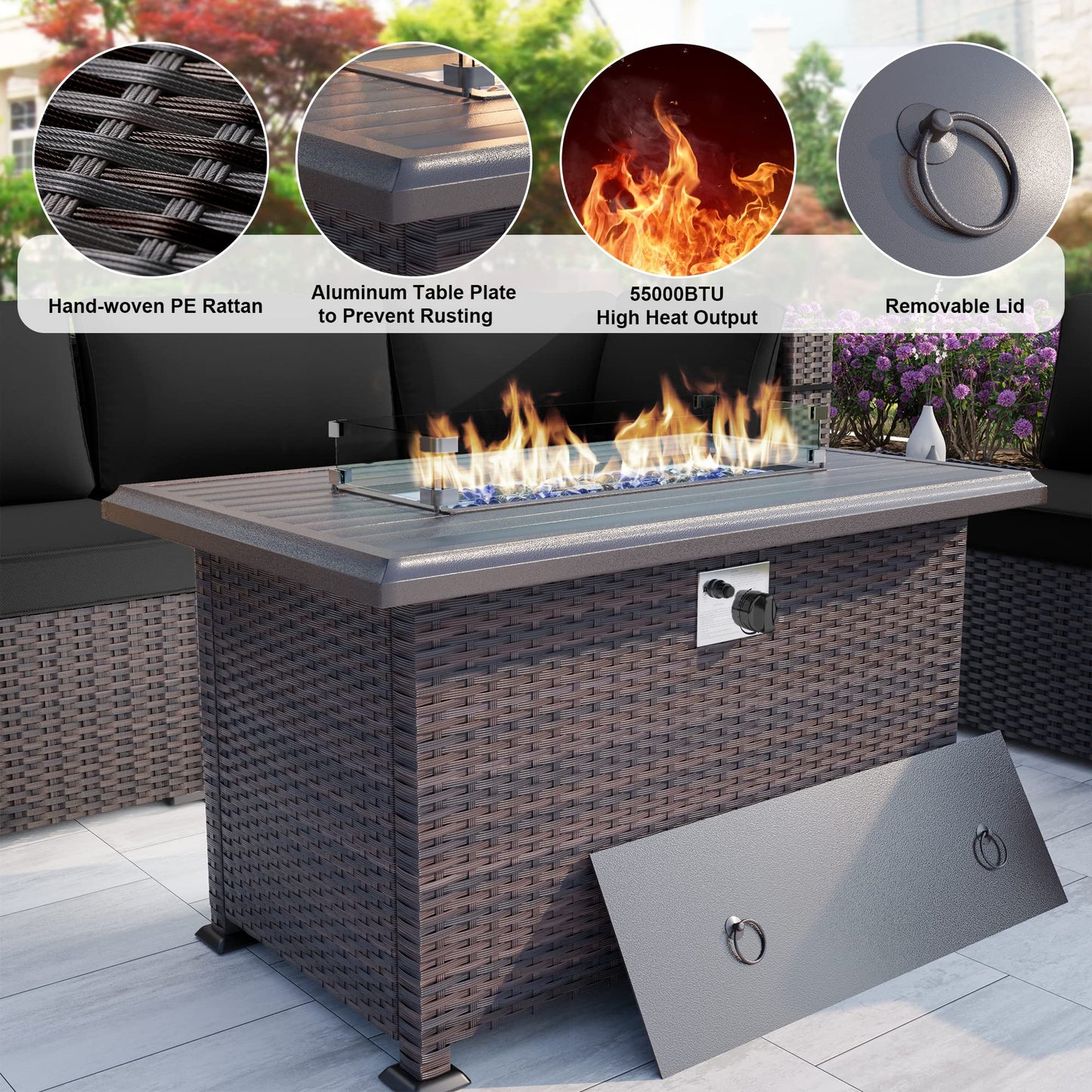 ALAULM 7 Pieces Outdoor Patio Furniture Set with Propane Fire Pit Table Patio Sectional Sofa Sets - Black