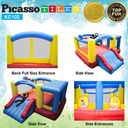 [Version de mise à niveau] Picasso Toys KC102 12 x 10 pieds Gonflable Bouncer Jumping Bouncer House, Jump Slide, Dunk Playhouse w/ Basketball Rim, 4 Sports Balls, Full-Size Entry, 580W ETL Certified Blower Bounce House102