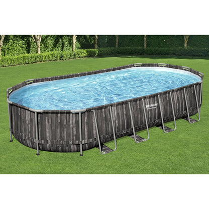 Bestway Power Steel 24' x 12' x 48" Rectangular Metal Frame Above Ground Swimming Pool Set with 2500 GPH Filter Pump, Ladder, and Pool Cover 24' x 12' x 28"