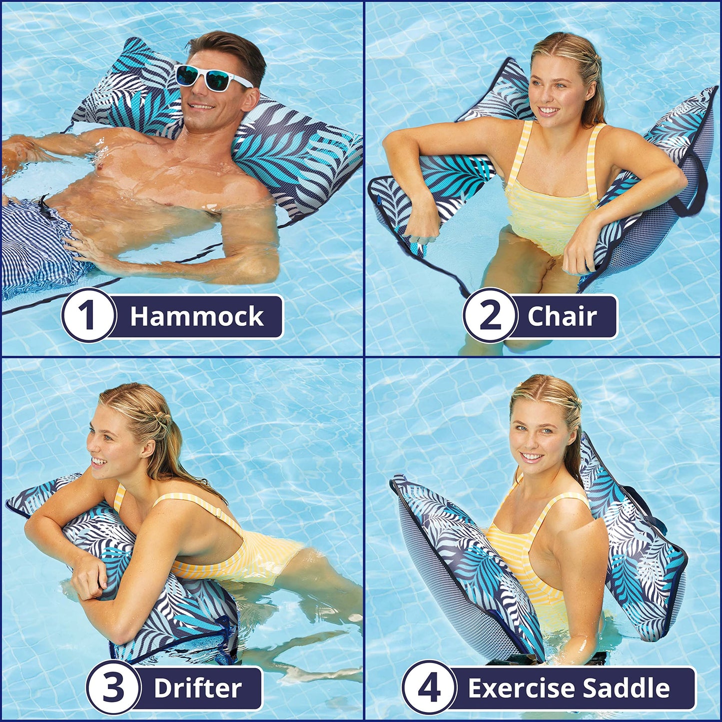 Aqua Original Monterey Hammock 4 en 1 Flotteur de piscine et hamac à eau – Flotteurs de piscine gonflables polyvalents pour adultes – Matériau PVC épais et antiadhésif breveté Supreme Hamac – Fougère bleue