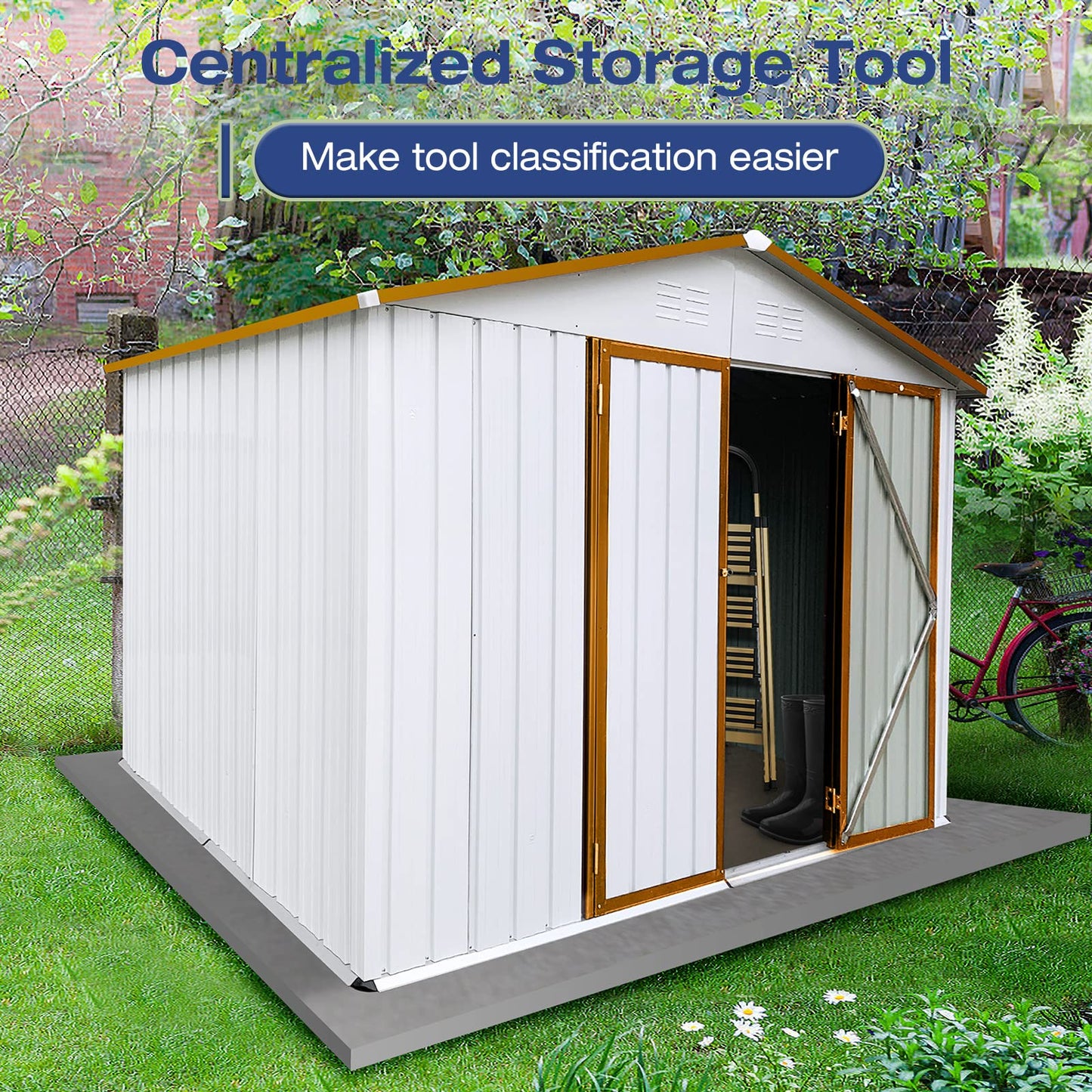 Lyromix 8' × 6' Metal Outdoor Storage Shed with Door & Lock, Waterproof Garde Storage Tool Shed with Base Frame for Backyard Patio,White-Yellow White-Yellow 8*6 FT