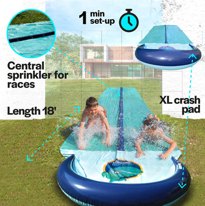 TEAM MAGNUS 18ft XL Slip and Slide - Toboggan gonflable robuste avec arroseur central et XL Crash Pad XL - 18ft