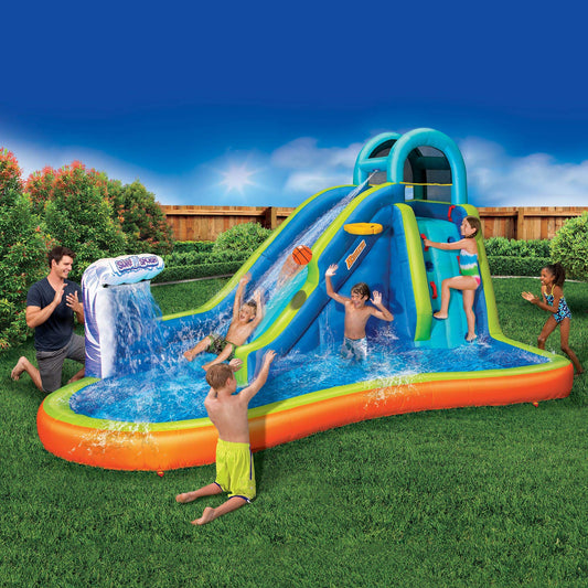 Inflatable Giant Water Slide - Huge Kids Pool (14 Feet Long by 8 Feet High) with Built in Sprinkler Wave and Basketball Hoop - Heavy Duty Outdoor Surf N Splash Adventure Park - Blower Included