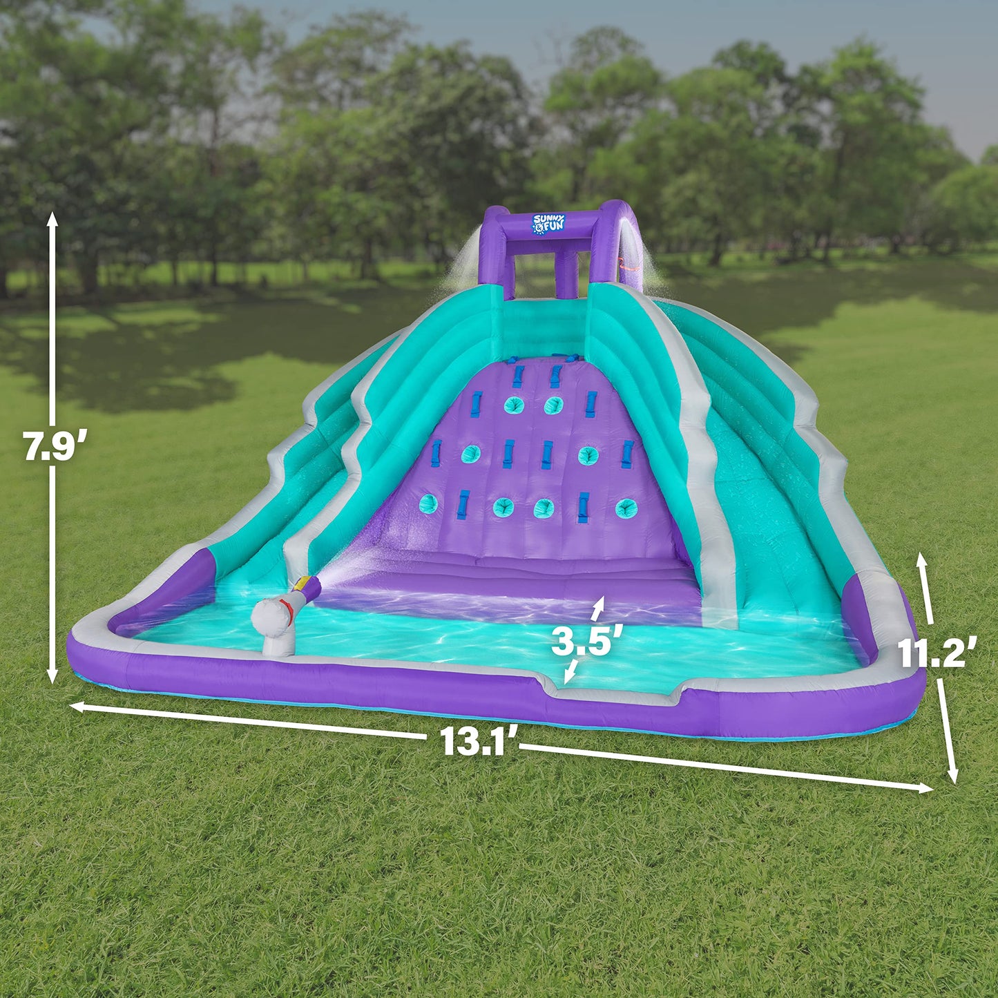 SUNNY & FUN Ultra Climber Inflatable Water Slide Park – Heavy-Duty for Outdoor Fun - Climbing Wall, Two Slides & Splash Pool – Easy to Set Up & Inflate with Included Air Pump & Carrying Case Purple