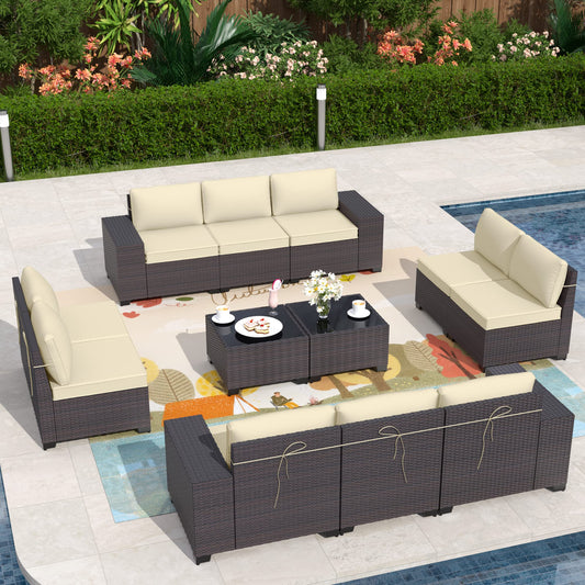 ALAULM 12 Pieces High-back Sectional Sofa Sets Outdoor Patio Furniture - Cream