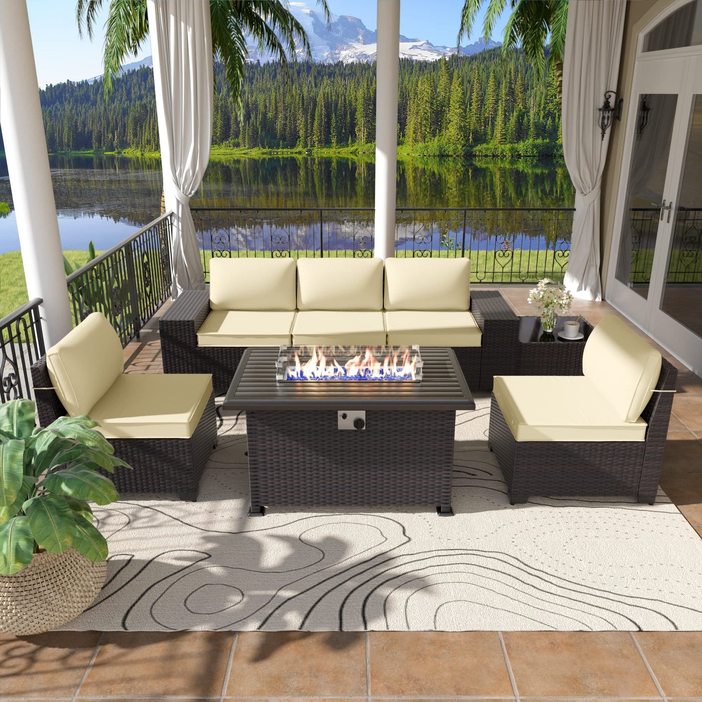 ALAULM 7 Pieces Outdoor Patio Furniture Set with Propane Fire Pit Table Patio Sectional Sofa Sets - Cream
