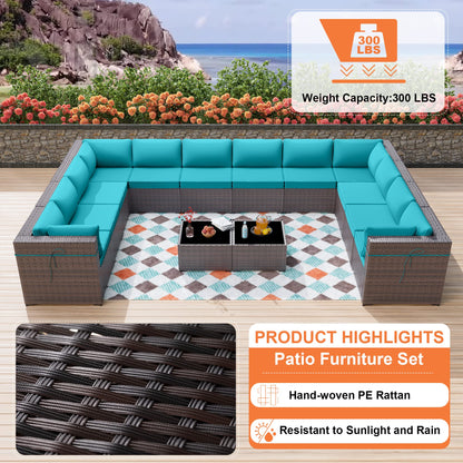 ALAULM 14 Pieces Sectional Sofa Sets Outdoor Patio Furniture - Blue Seat Cushions and 2 Coffee Tables