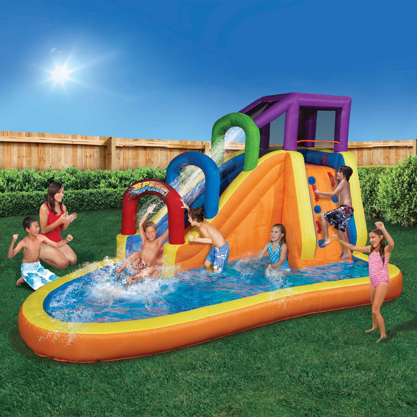 BANZAI Speed Slide Water Park, Length: 14 ft 7 in, Width: 9 ft 6 in, Height: 8 ft, Inflatable Outdoor Backyard Water Slide Splash Bounce Climbing Toy
