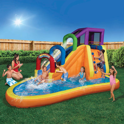 BANZAI Speed ​​​​Slide Water Park, Longueur: 14 pieds 7 pouces, Largeur: 9 pieds 6 pouces, Hauteur: 8 pieds, Toboggan aquatique gonflable pour l'extérieur, jouet d'escalade Splash Bounce