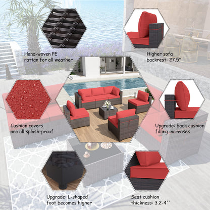 ALAULM 7 Piece Outdoor Patio Furniture Sets, Patio Sectional Sofa - Red