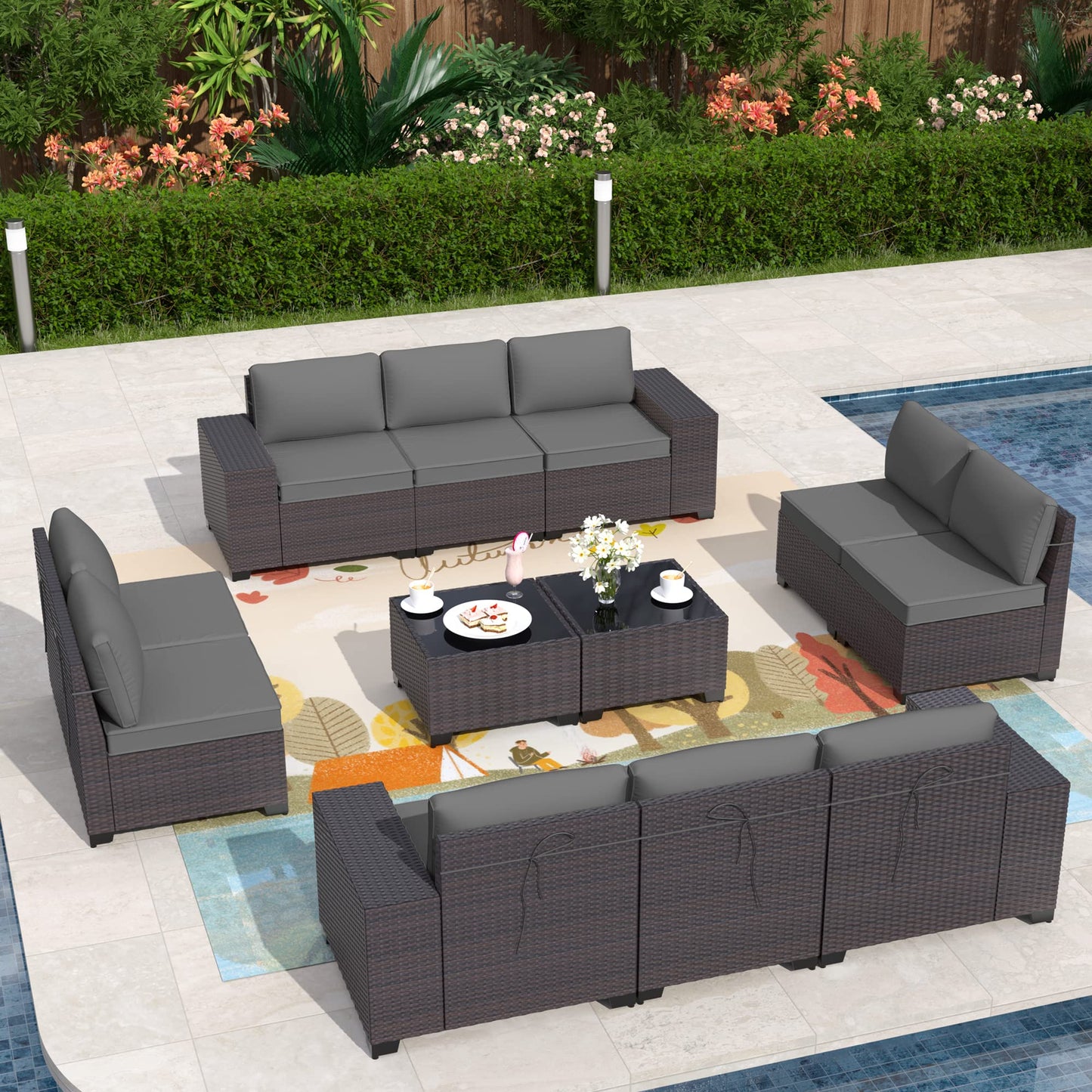 ALAULM 12 Pieces Outdoor Patio Furniture Set Sectional Sofa Sets - Grey