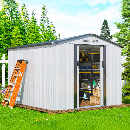 JAXPETY 8 x 8 FT Outdoor Storage Shed Metal Garden Sheds & Outdoor Storage with Sliding Doors for Backyard, Patio, Lawn White 8x8