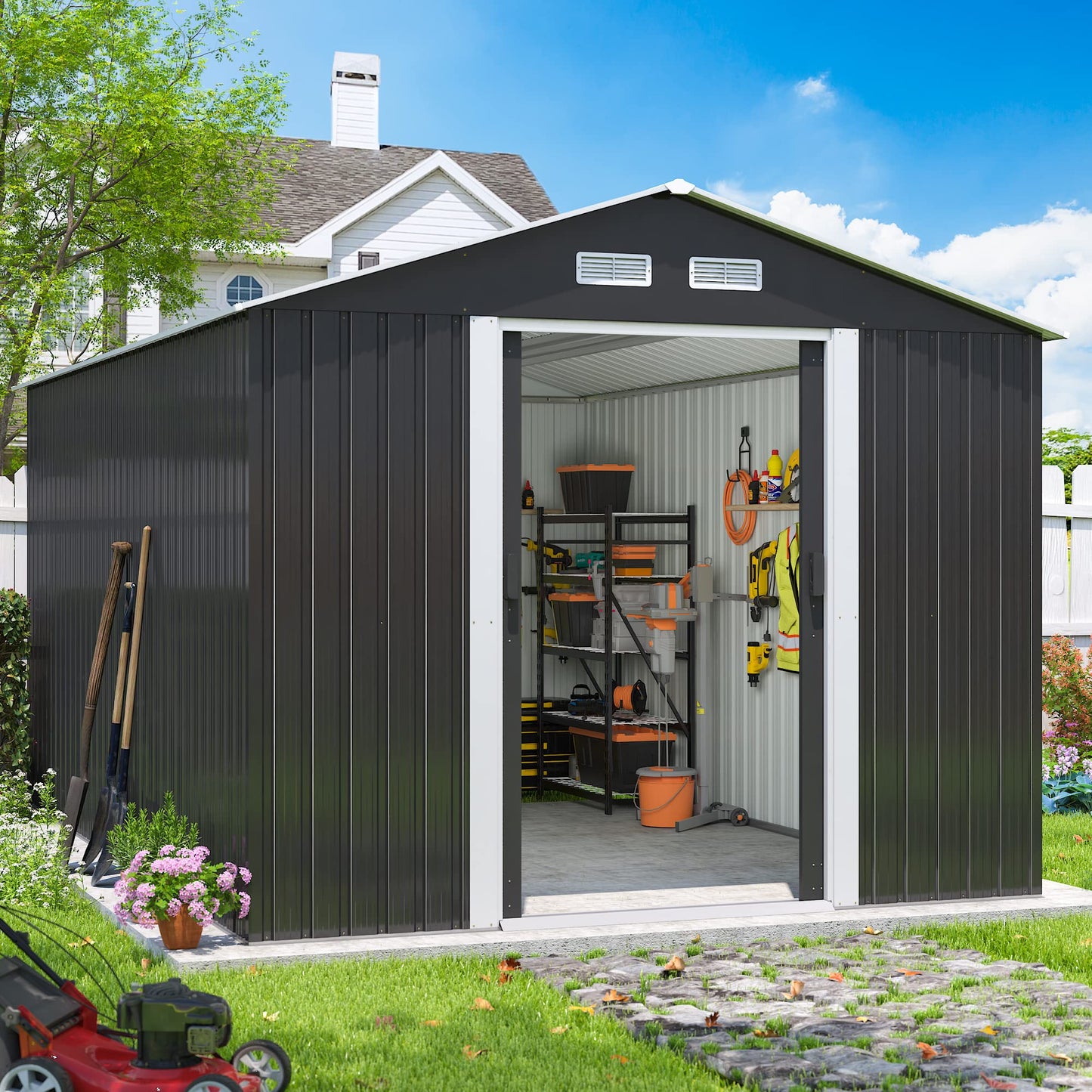 HOGYME 8 x 12 FT Large Outdoor Storage Shed, Tall Metal Garden Sheds for Bike, Lawnmower, Garbage Can, Sheds & Outdoor Storage for Backyard Patio Lawn with Lockable Doors and Air Vents, Deep Gray 8x12