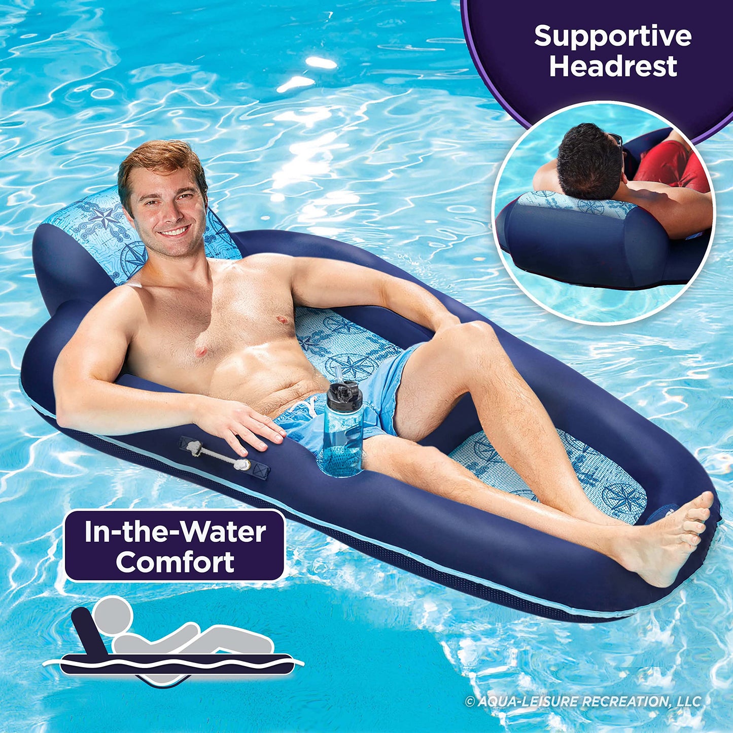 Aqua Ultimate Pool Float Lounges, Recliners, Tanners – Multiple Colors/Styles – for Adults and Kids Floating XL Lounge Navy/Light Blue