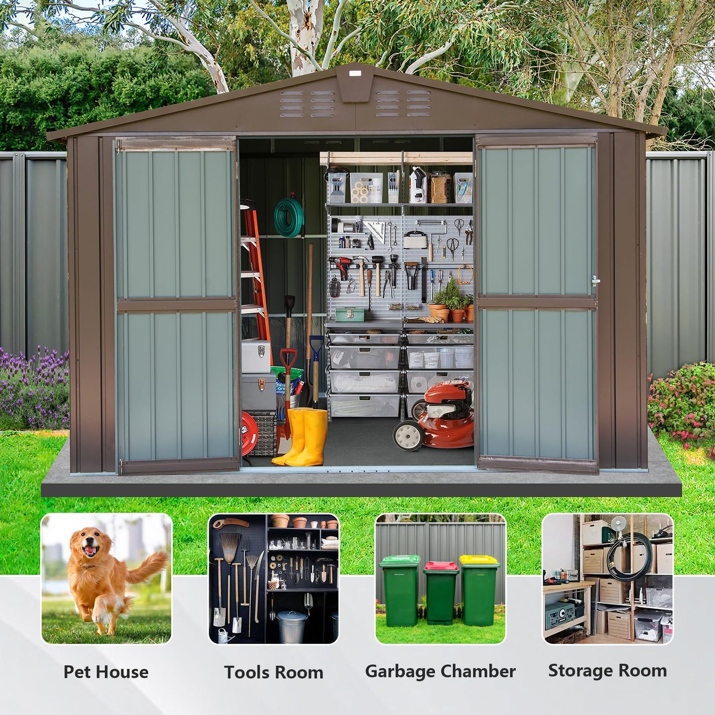 Domi Outdoor Storage Shed 10' x 8', Metal Steel Utility Tool Shed Storage House with Double Lockable Doors & Air Vents for Backyard Patio Garden Lawn Brown 10'x 8'(Brown)