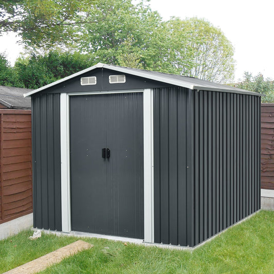 Chery Industrial 8x9FT Shed Outdoor Storage Shed, Galvanized Garden Shed with Air Vent and Slide Door, Tool Storage Backyard Shed,Tiny House Garden Tool Storage for Backyard Patio Lawn(Black)