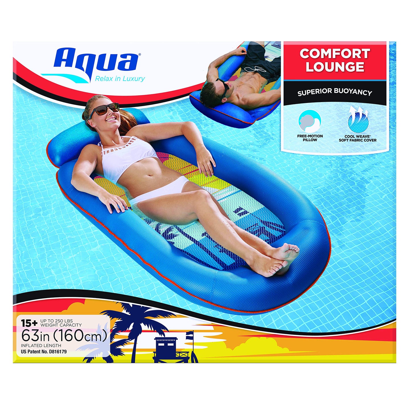 Aqua Luxury Comfort Pool Float Lounges, Recliners – Multiple Colors/Styles – for Adults and Kids Floating Blue/Orange Sunset Comfort Lounge