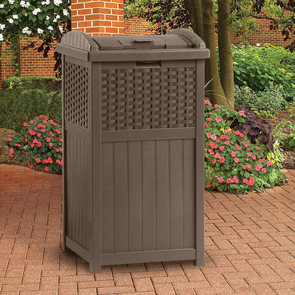 Suncast Trash Hideaway 33 Gallon Resin Wicker Outdoor Garbage Container (8 Pack) 8 Pack Brown