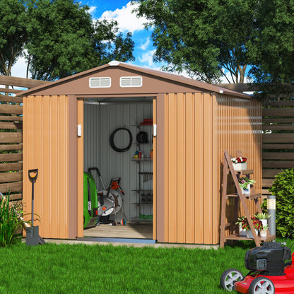 HOGYME Storage Shed 8' x 8' Outdoor Garden Shed Metal Shed Suitable for Storing Garden Tool Lawn Mower Ladder Coffee 8x8