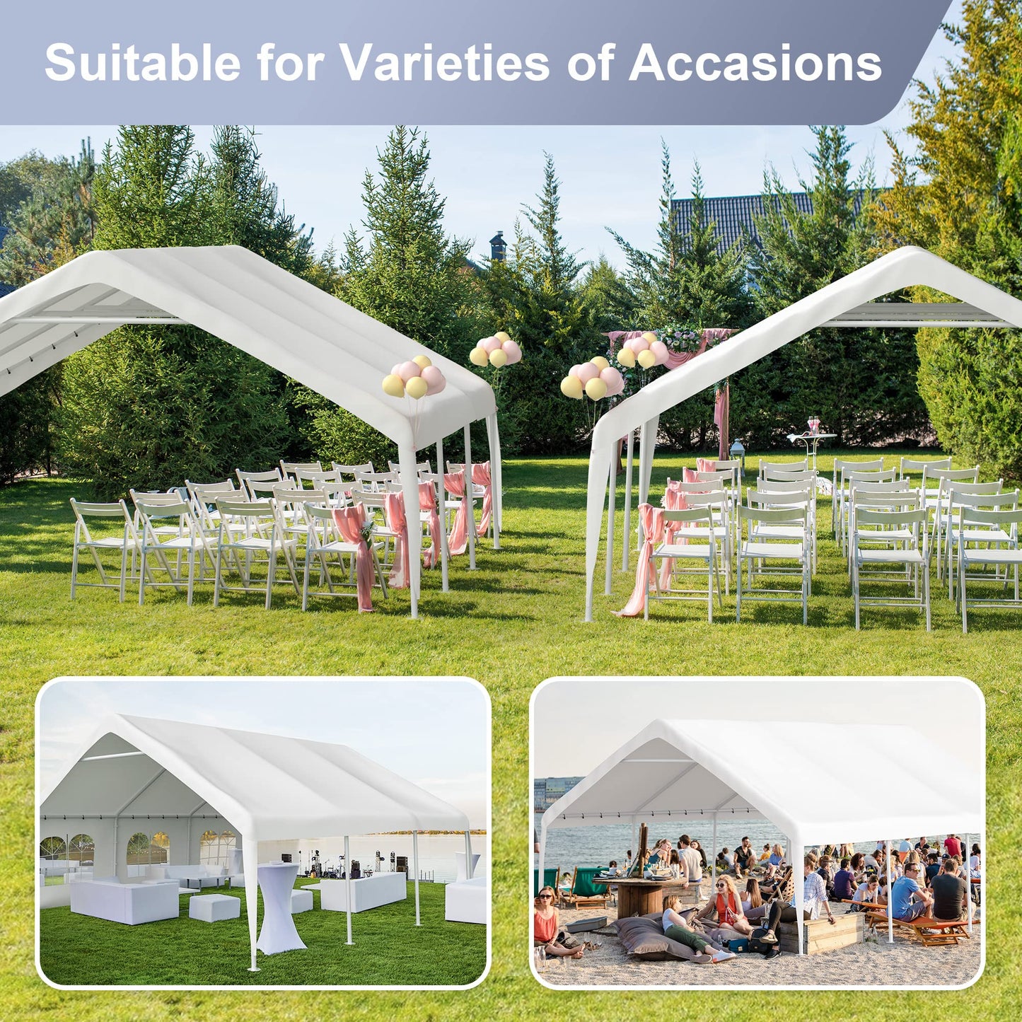 Morngardo Canopy Tent for Parties Heavy Duty 20'x20' Car Tent Metal Carport Portable Garage with Removable Sidewalls, White 20'x20'