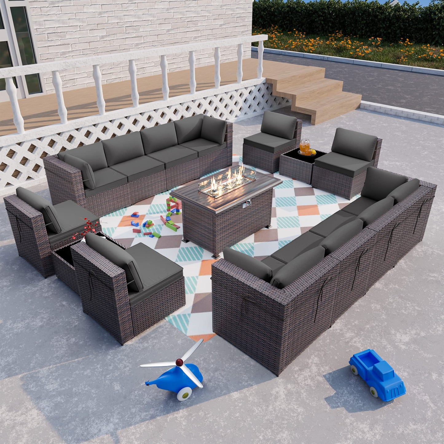 ALAULM 15 Pieces Outdoor Patio Furniture Set with Propane Fire Pit Table Outdoor Sectional Sofa Sets