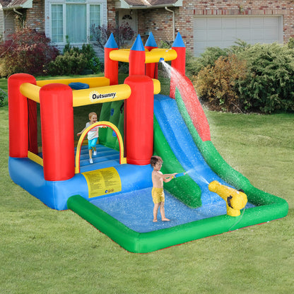 Toboggan aquatique gonflable Outsunny 6 en 1 pour enfants avec piscine, canon à eau, mur d'escalade, gonfleur inclus, château de saut pour enfants