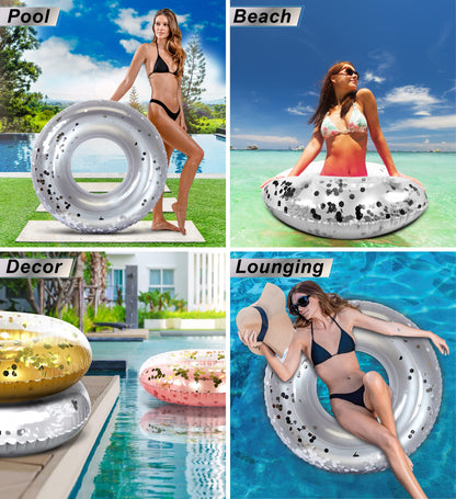 CoTa Global Gonflable Piscine Float Tube Confetti 36 Pouces Premium Swim Ring Heavy Duty Flottaison Piscine Flotteurs Jouet pour La Plage, Fête, Vacances, Résistant Aux UV - Pool Party Argent 36"