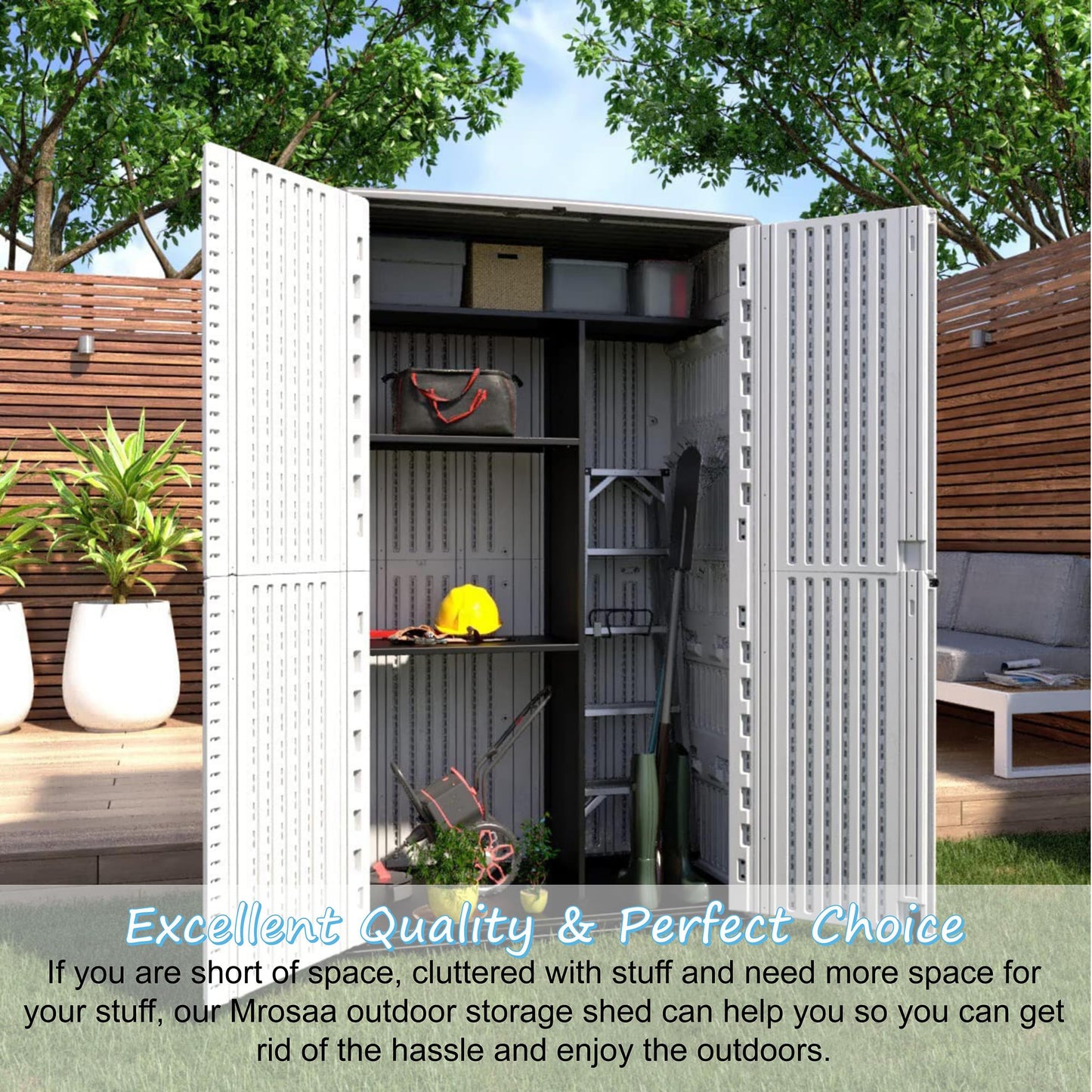 Mrosaa Vertical Resin Storage Shed, 52 Cu.ft Outdoor Storage Cabinet Waterproof for Garden/Backyard/Home/Pool, Customized Shelves & Lockable (Off White) 52 Cu.ft-White