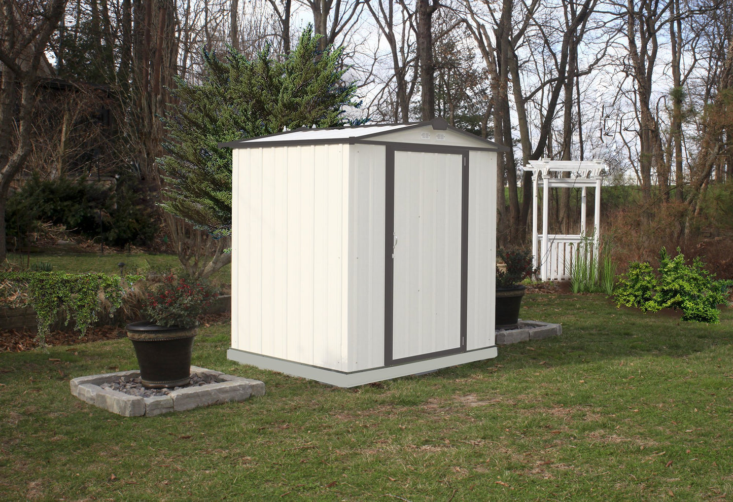 ARROW 6' x 5' EZEE Galvanized Steel Low Gable Shed Cream with Charcoal, Storage Shed with Peak Style Roof Cream/Charcoal Trim