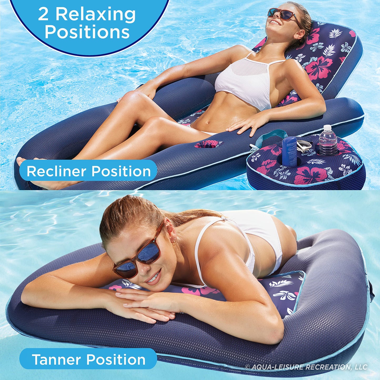 Aqua Oversized Ultimate Pool Lounger, Inflatable Pool Float with UPF 50 Sunshade Canopy, Heavy Duty, X-Large, Navy/Aqua/White Stripe Aqua Navy Campania 2-in-1 Recliner
