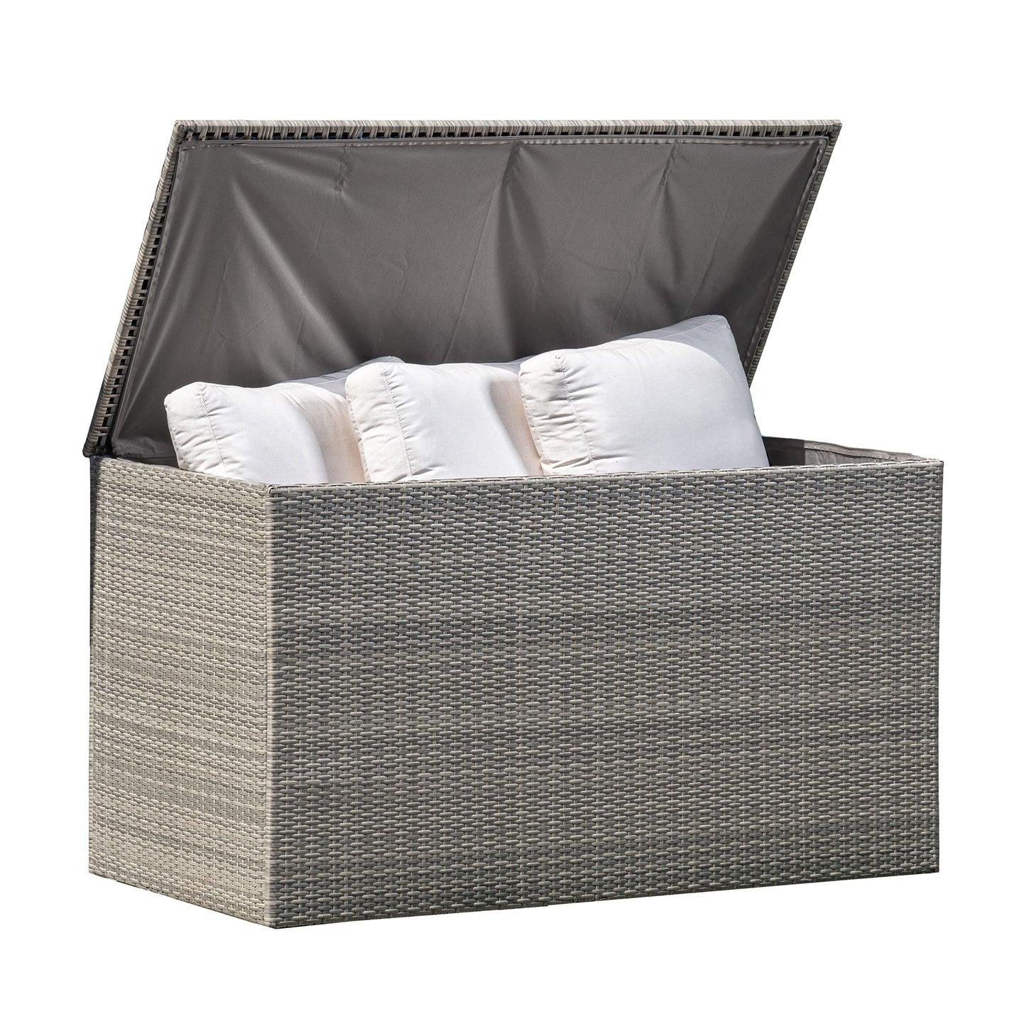 Royal Garden 230 Gal Extra Large Wicker Furniture Deck Storage Box for Indoor Outdoor Use, Storage for Cushions, Pillows, Patio, and Pool Accessories w/ Pneumatic Hinges and Internal Liner (Gray) Gray