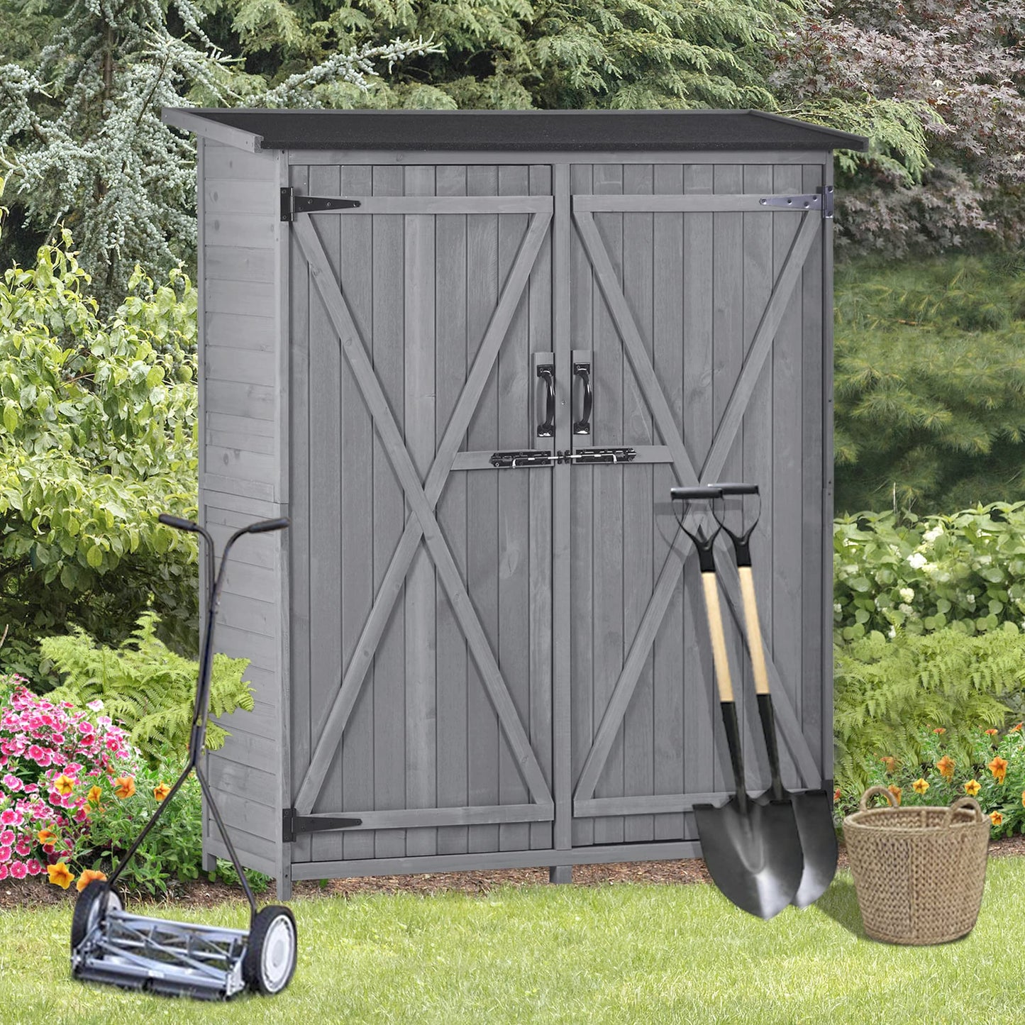 Outdoor Storage Shed with Lockable Doors, Wooden Garden Tool Organizer Storage Cabinet Patio Furniture w/Removable Shelves & Waterproof Roof, for Backyard, Gray Grey #A Dual Door