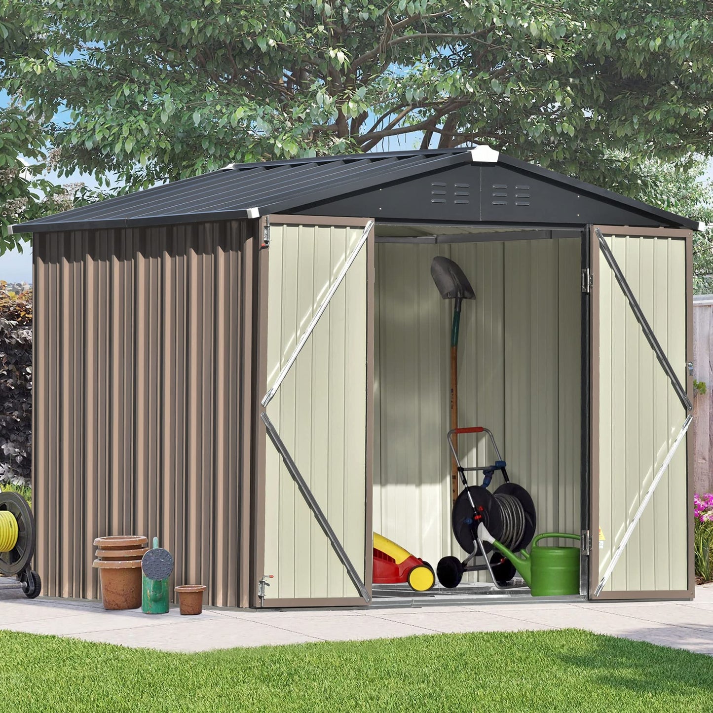 LZ LEISURE ZONE Patio 8'x6' Outdoor Storage Shed Kit,Bike Shed Garden Shed ,Metal Storage Shed with Lockable Doors, Tool Cabinet with Vents and Foundation Frame for Backyard, Lawn, Garden, Brown 8ftx6ft