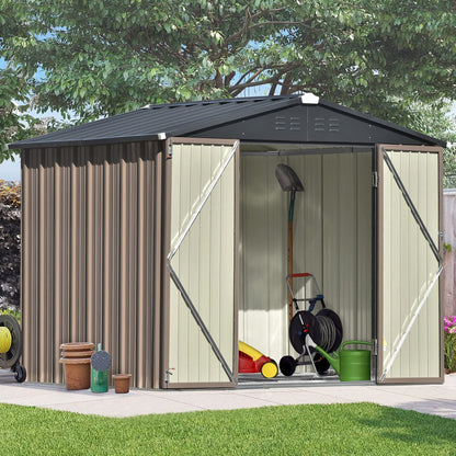 Goohome Sheds & Outdoor Storage, 8ft x6ft Outdoor Storage Shed with Design of Lockable Doors and Air Vent, Stable Steel Shed, Spacious Multipurpose House Garden Tool Storage Shed for Backyard Patio B-Brown a