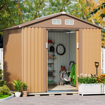 JAXPETY 8 x 8 Sheds & Outdoor Storage Garden Shed Tool Metal Outdoor Storage Shed with Sliding Doors for Backyard, Patio, Lawn Coffee 8'x8'