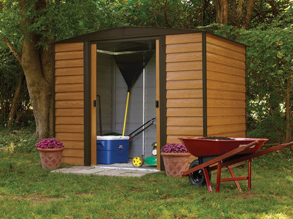 Arrow Shed WR86 Arrow Woodridge Pignon bas en acier, café/grain de bois 2,4 x 1,8 m. Hangar de rangement et kit d'ancrage au sol AK600, abri de rangement en acier inoxydable + kit d'ancrage, AK600 