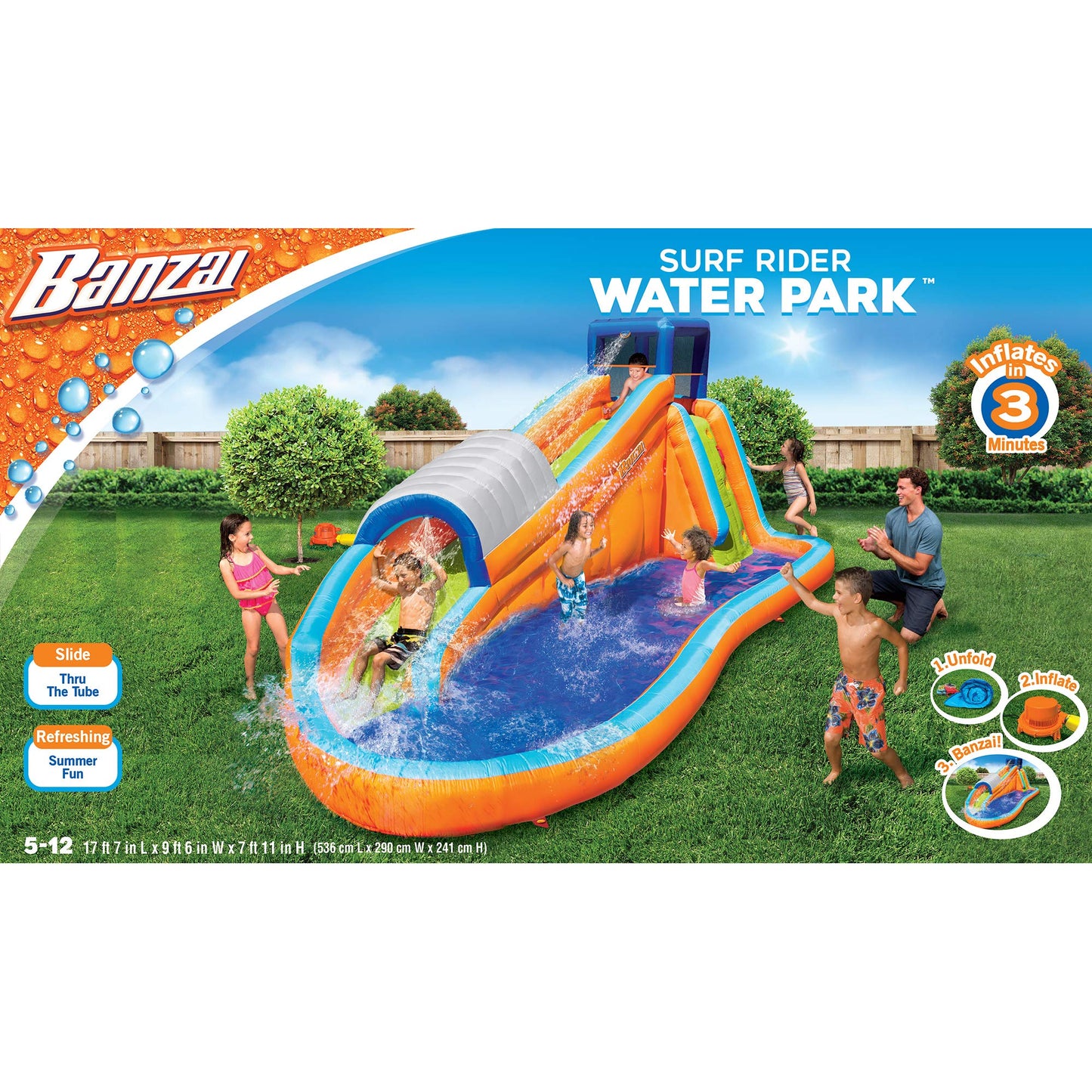 Banzai Surf Rider Water Park, Length: 17 ft 7 in, Width: 9 ft 6 in, Height: 7 ft 11 in, Inflatable Outdoor Backyard Water Slide Toy with Climbing Wall, Tunnel Slide, and Lagoon Splash Pool