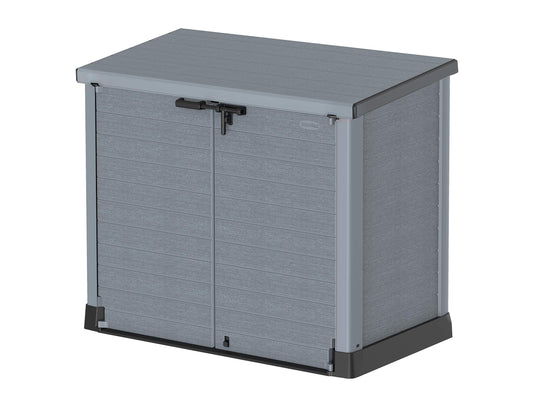 Duramax Cedargrain StoreAway 1200L Plastic Garden Storage Shed/Flat Lid - Outdoor Storage Bike Shed – Durable & Strong Construction– Ideal for Tools, Bikes, BBQs & 2X 240L Bins, 145x85x125 cm, Grey