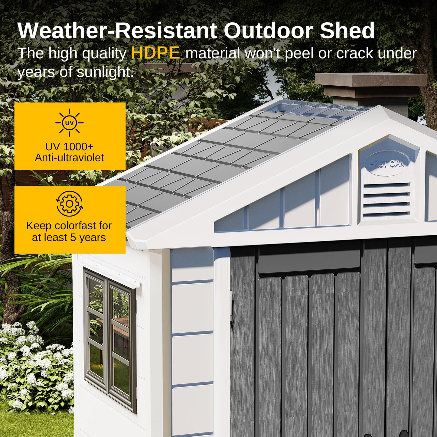 EAST OAK Outdoor Storage Shed, Waterproof Resin Tool Shed with Window, 152Cu.ft Outside House Shed for Patio Furniture, Lawn Mower, Bike, 7×4×8.2 FT