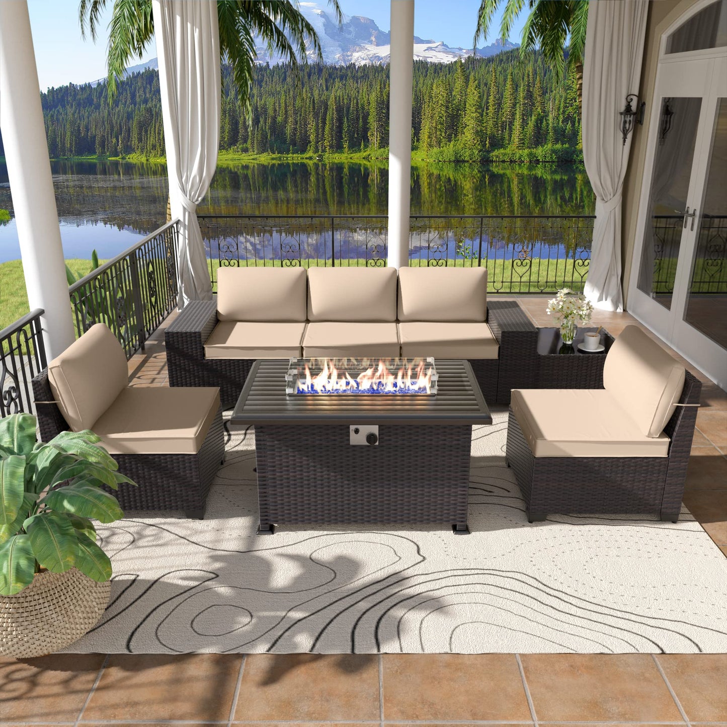 ALAULM 7 Pieces Outdoor Patio Furniture Set with Propane Fire Pit Table Patio Sectional Sofa Sets - Sand