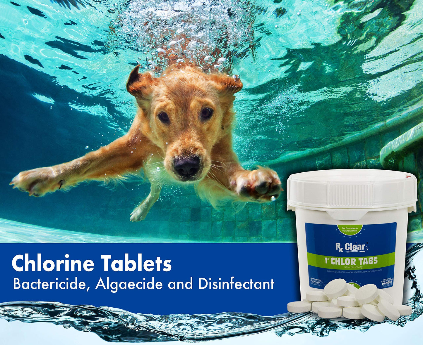 Rx Clear 1-Inch Stabilized Chlorine Tablets | Use As Bactericide, Algaecide, and Disinfectant in Swimming Pools and Spas | Slow Dissolving and UV Protected | 8 Lbs