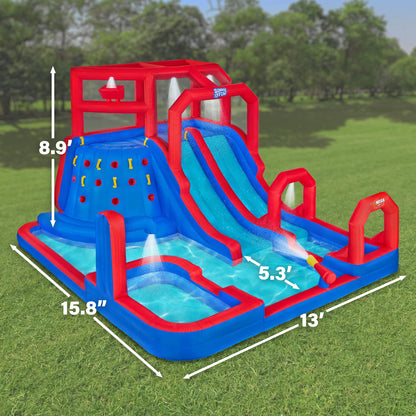 Parc de toboggans gonflables Sunny &amp; Fun Mega Climb N' Go – Robuste pour s'amuser en plein air – Mur d'escalade, 2 toboggans, éclaboussures et piscine profonde – Facile à installer et à gonfler avec pompe à air et étui de transport inclus Bleu/rouge