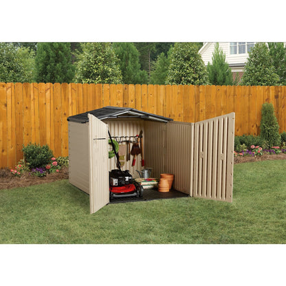 Rubbermaid Slide-Lid Resin Weather Resistant Outdoor Storage Shed, 6 x 3.75 feet, 96 cu. ft., Olive/Sandstone, for Garden/Backyard/Home/Pool Sandstone Slide Lid