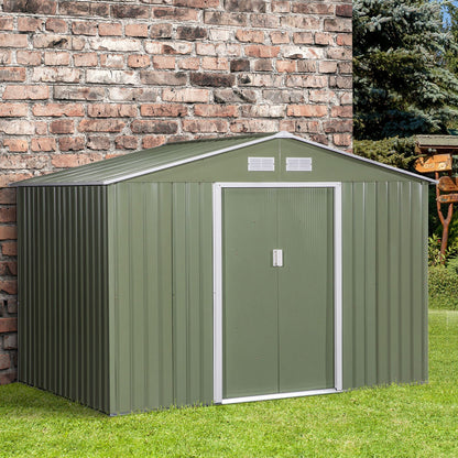 Outsunny 9' x 6' Metal Storage Shed, Garden Tool House with Floor Foundation, Double Sliding Doors, 4 Air Vents for Backyard, Patio, Lawn, Green 9' x 6'