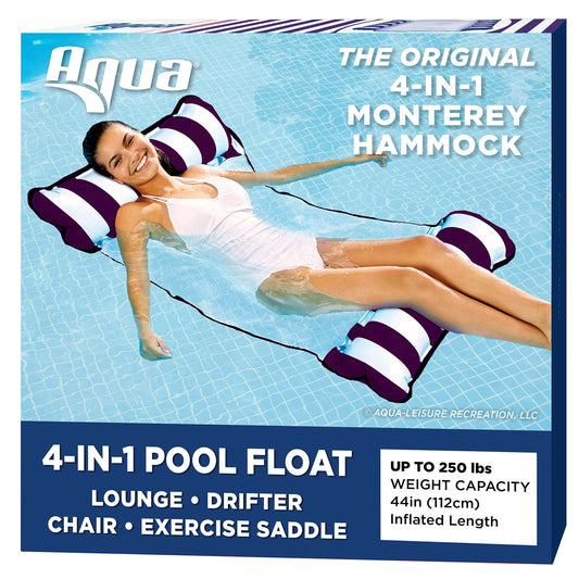 Aqua Original Monterey Hammock 4 en 1 Flotteur de piscine et hamac à eau - Flotteurs de piscine gonflables multi-usages pour adultes - Matériau PVC épais et antiadhésif breveté Bleu Marine - Hamac